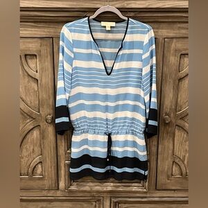 EUC Women’s MICHAEL KORS Blue and White Striped Cinch Waist Tie Blouse (Medium)